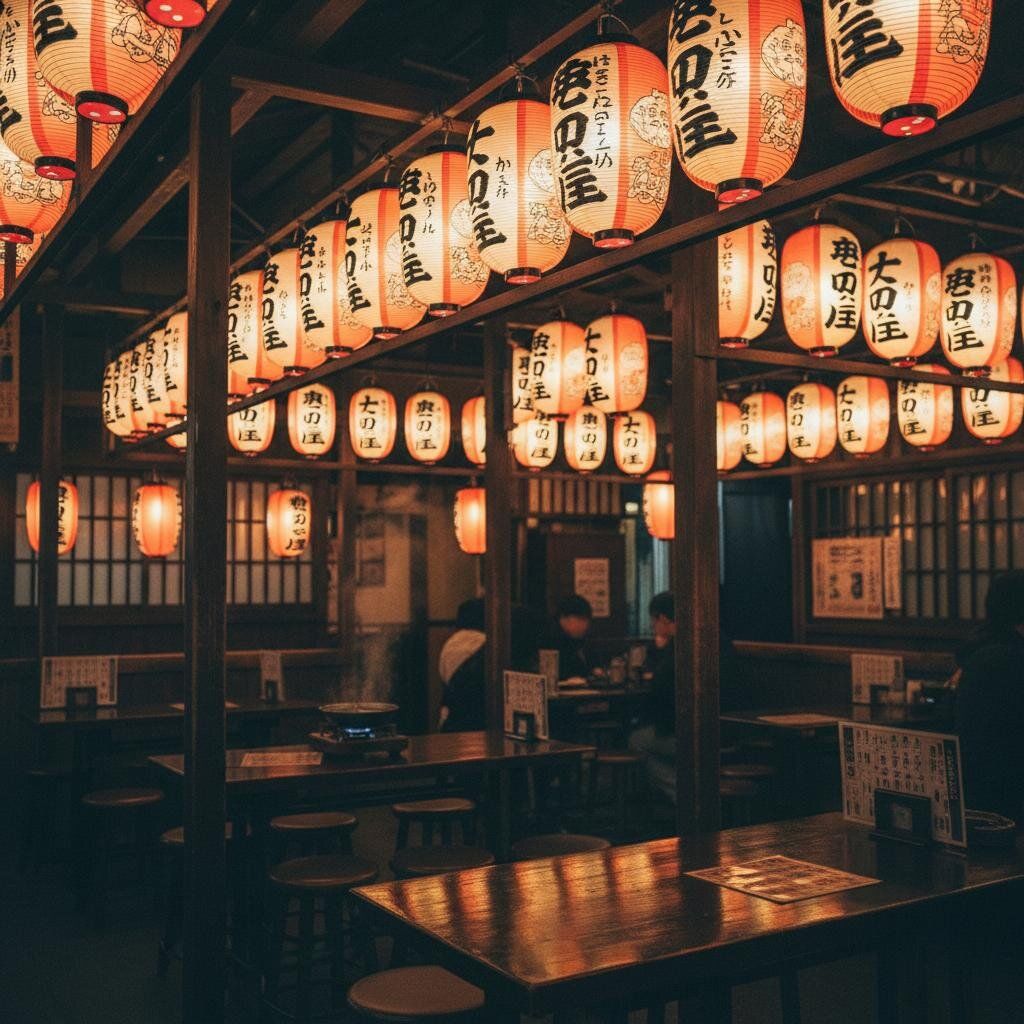 桃園居酒屋內部,日式燈籠懸掛在木樑上,暖光映照著整個用餐區