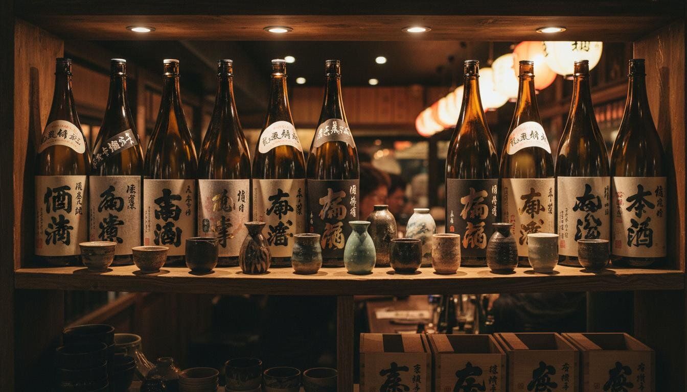 居酒屋吧檯區域,酒瓶陳列在牆面架上,暖色吊燈照亮桌面