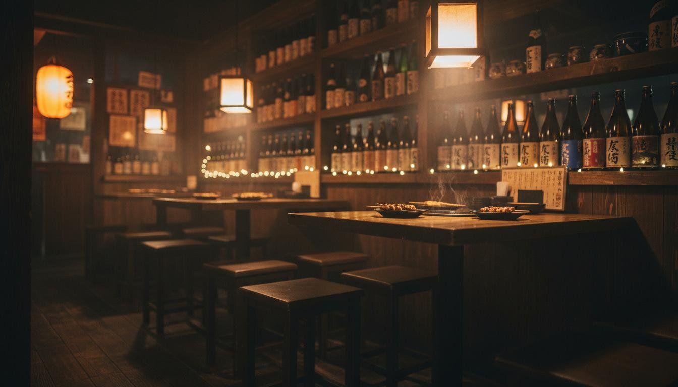 穩居酒屋室內空間,暖色燈光映照木質吧台,酒瓶排列整齊