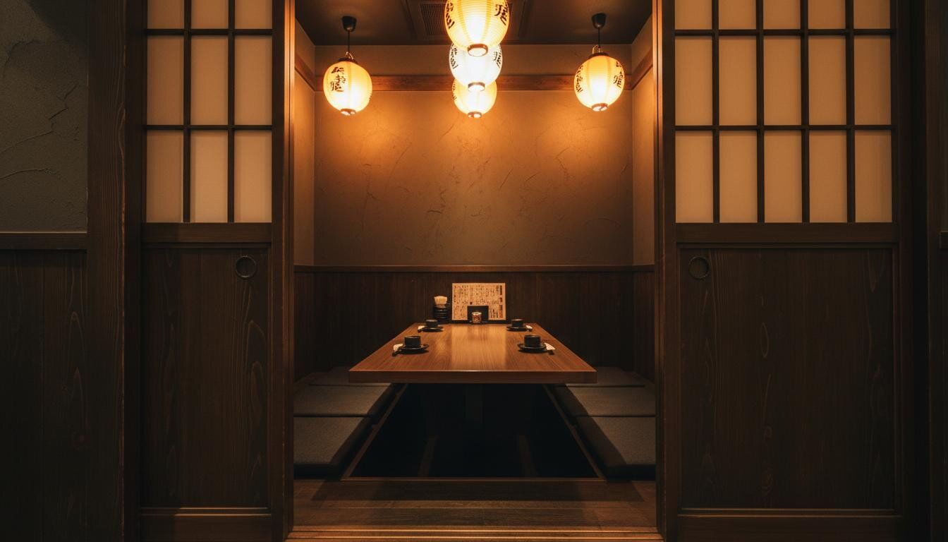 居酒屋的包廂預覽照,木格柵隔出半開放的私密空間