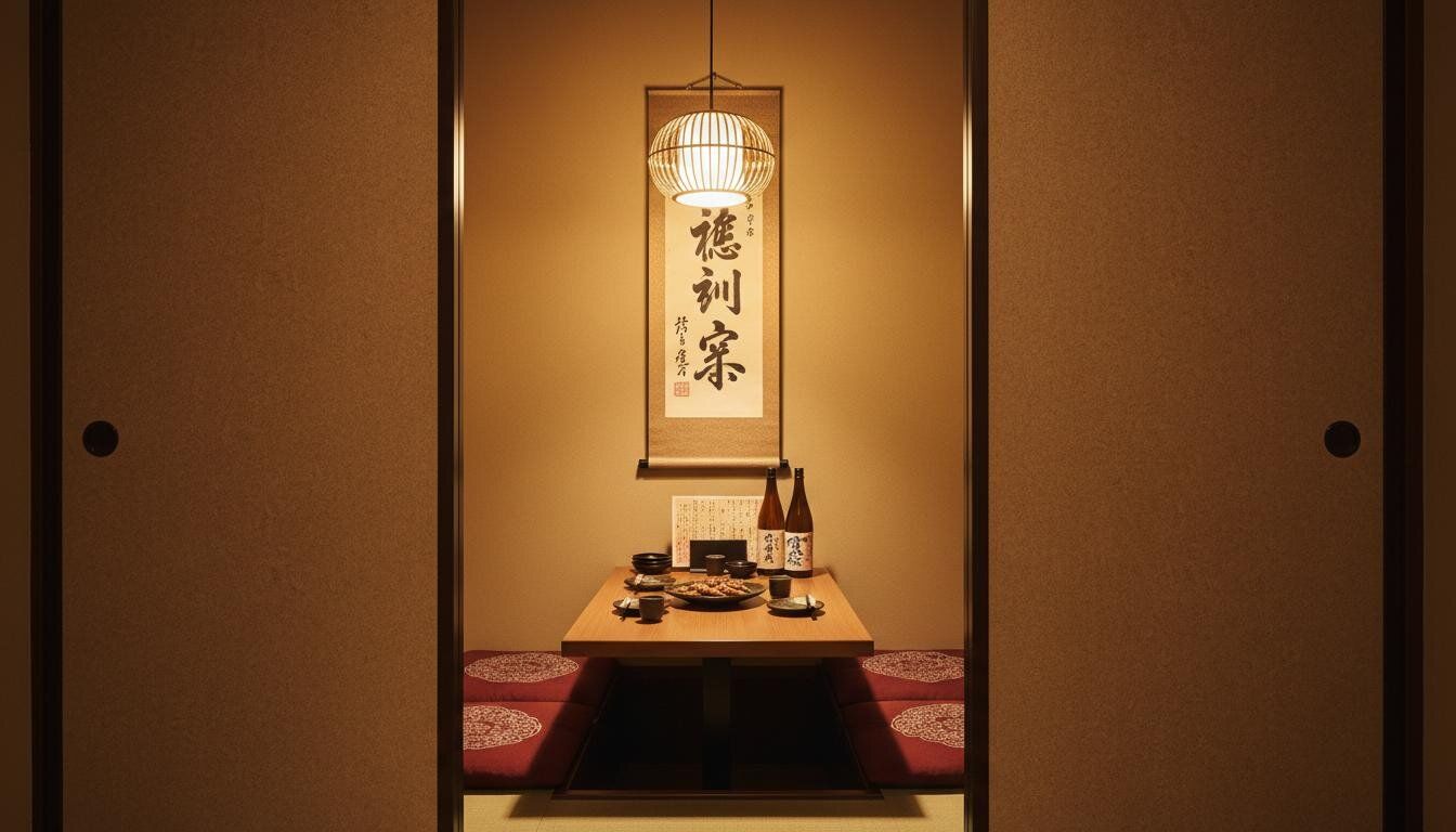 居酒屋小包廂空間,木格柵隔出私密區域,適合朋友聚餐