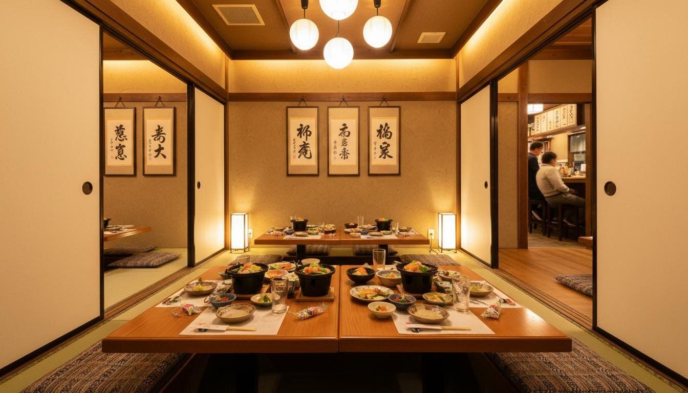 居酒屋的包廂空間,和式矮桌搭配榻榻米坐墊,木質隔間透出溫暖燈光