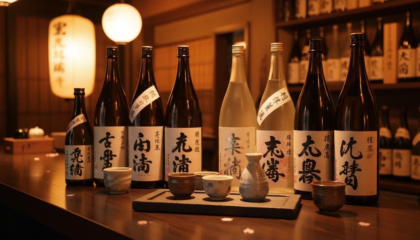 居酒屋牆面上陳列的清酒瓶,各式各樣的日本清酒在暖光下閃耀